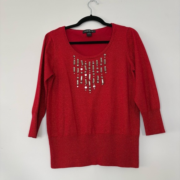 august silk Tops - FLAWED August Silk Red Embellished Sparkly Sweater Top 3/4 Sleeves Valentine’s